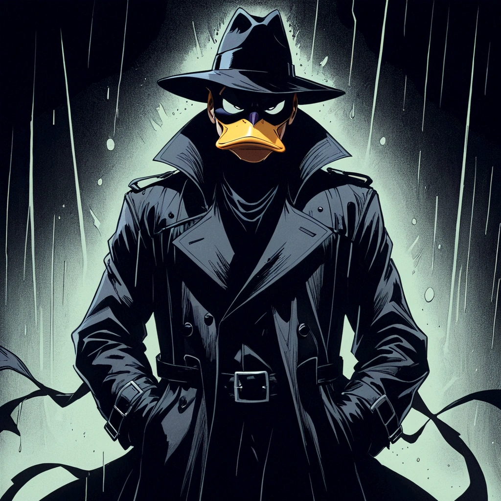 splash page, cinematic, darkwing duck wearing black trenchcoat, abyss black void coat, shades of darkness, no light source, hand drawn, animated, rotoscope, consuming insatiable darkness black trenchcoat