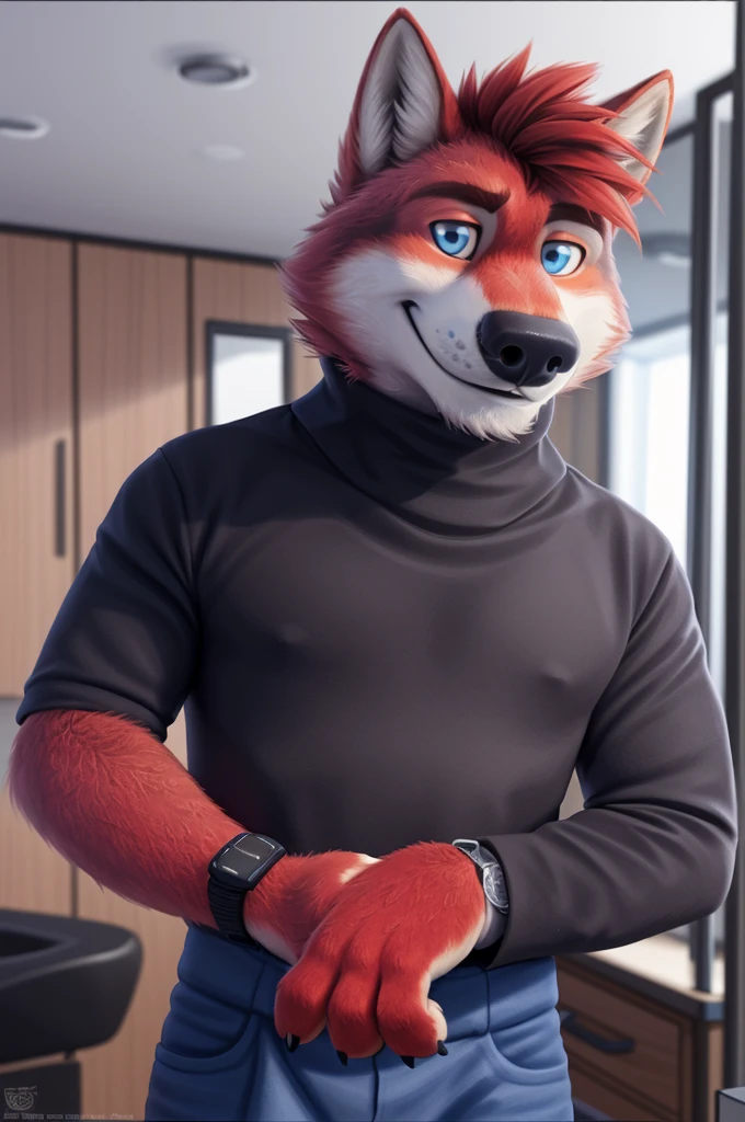 Ivan Fedorovich Wolfbach (Novosibirsk) ,tall handsome, wolf,young, 24 years, brown fur,Kind,(red body:1.3),beautiful blue eyes,Novosibirsk,dressed, turtleneck,apron,jeans,canine, wolf, detailed fur, male,paw pads, finger claws,At the viewer, 5 fingers, paws, 5 fingers, smile, wrist watch, т nextel,by xenoforge, (difficult, high detail, digital photography, soft focus, RAW variety работает парикмахером,Very close to the camera, variety,Novosibirsk, smile, good mood, positive, Very close to the camera, holding scissors, At the hairdresser, stylist doing hairstyle, worth a turtleneck,
Photorealism, realistic, photorealistic, digital style, Subsurface scattering,I look at the viewer,worth getting a haircut, looks at the mirror, men's cosmetics,
masterpiece, Best quality, ultra realistic, 8 thousand.)