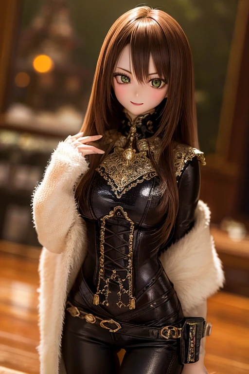 photorealistic, realistic photo, ((highest quality)), ((masterpiece)), (extremely detailed), kukolnydom, doll, (mature woman:1.6), solo, ((cowboy shot, dynamic pose, skinny, slender, slim, brown hair, smile, parted lips)), detailed face, green eyes, (looking at another, eyes out of focus, emotionless eyes, blank stare, empty eyes, detailed eyes:1.3), castle, 8k