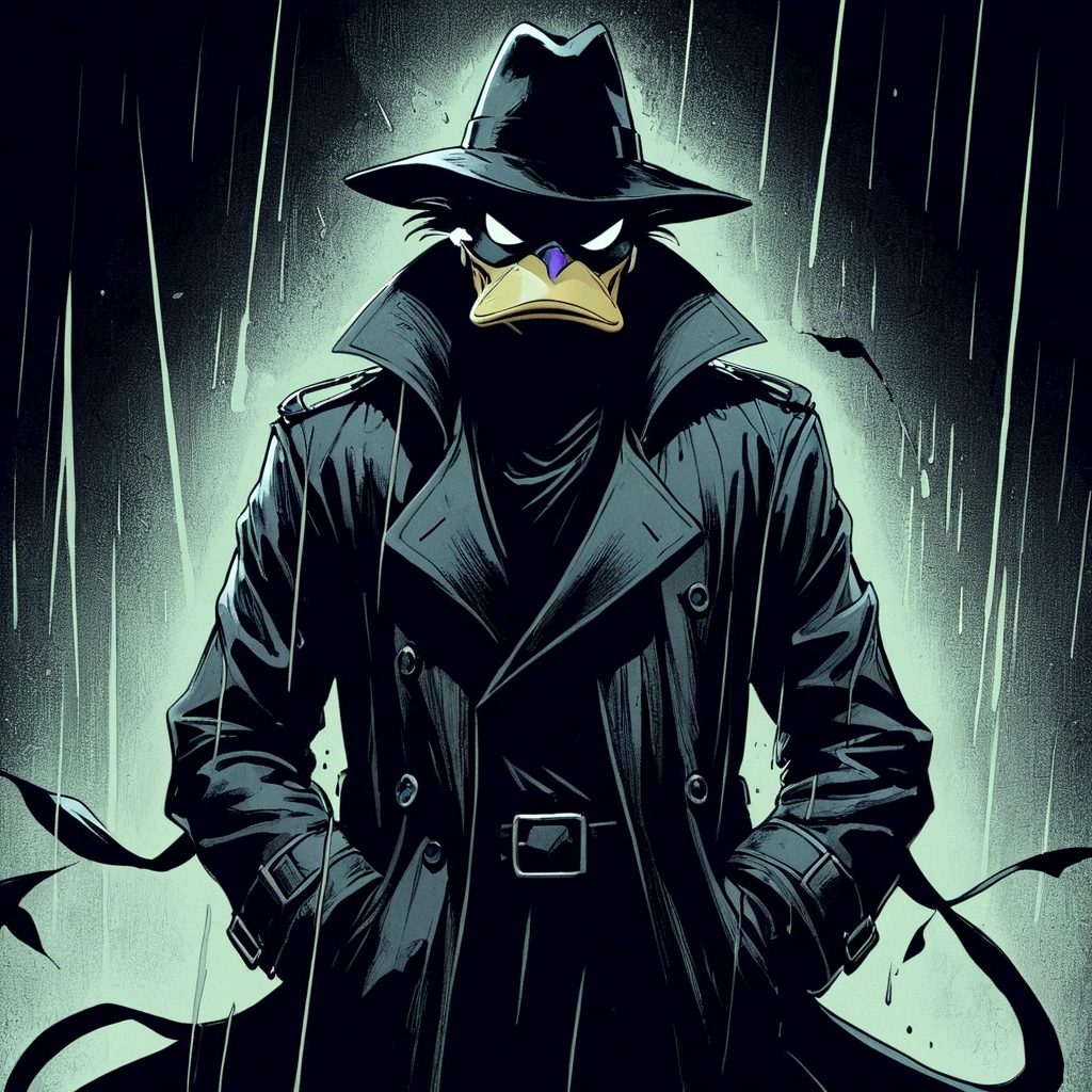 splash page, cinematic, darkwing duck wearing black trenchcoat, abyss black void coat, shades of darkness, no light source, hand drawn, animated, rotoscope, consuming insatiable darkness black trenchcoat