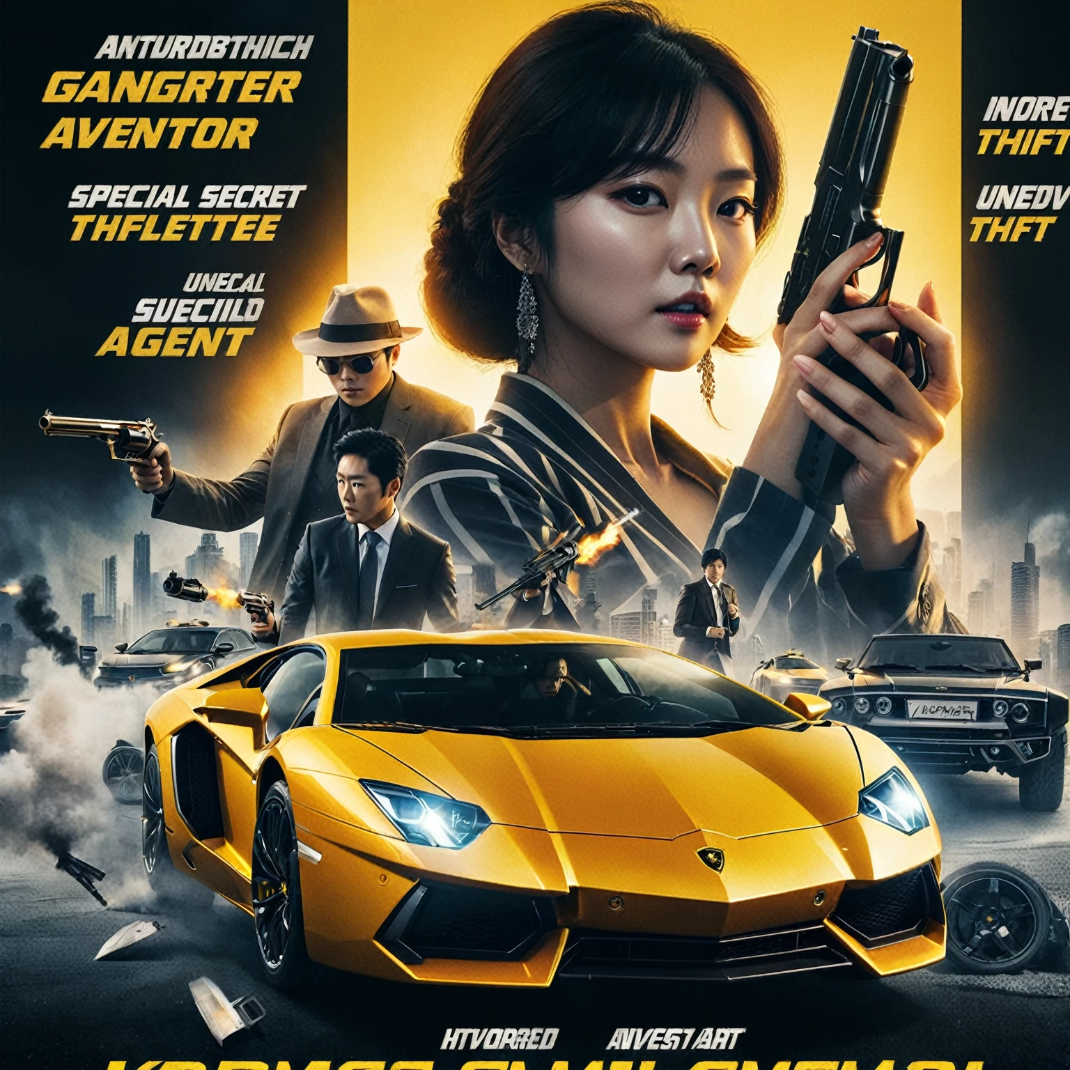 a poster for the movie's first korean drama, the woman with the gun, facing at the camera, Yellow Lamborghini Aventador luxury car theft case, a car owned by a billionaire, thieves, detective, uncover theft, special secret agent, investigate, key character poster, 2024 korean action thriller film noir, promotional movie poster, cinematic action film, futuristic action film, concept art, futuristic abstract background, UHD 1536px, realistic human, photorealistic, high quality.