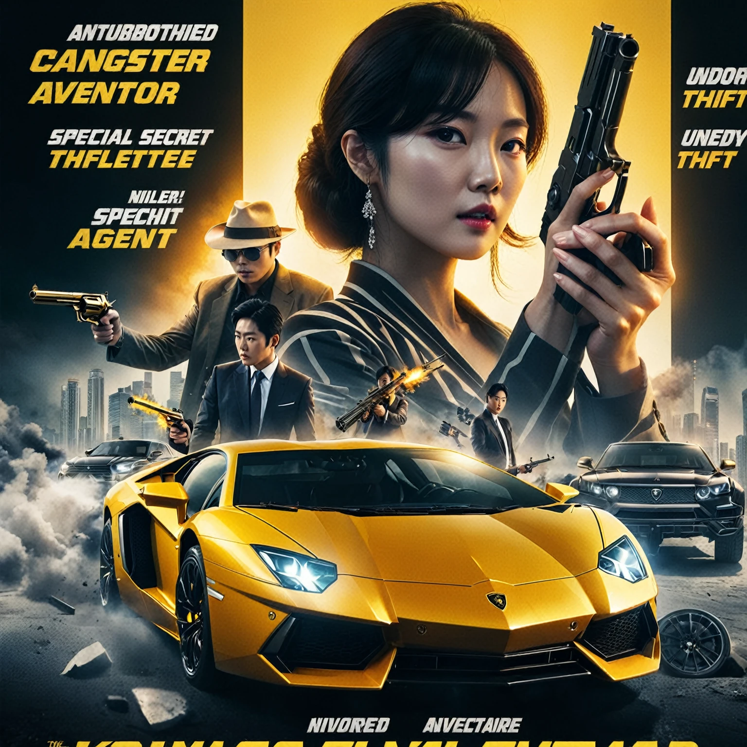 a poster for the movie's first korean drama, the woman with the gun, facing at the camera, Yellow Lamborghini Aventador luxury car theft case, a car owned by a billionaire, thieves, detective, uncover theft, special secret agent, investigate, key character poster, 2024 korean action thriller film noir, promotional movie poster, cinematic action film, futuristic action film, concept art, futuristic abstract background, UHD 1536px, realistic human, photorealistic, high quality.