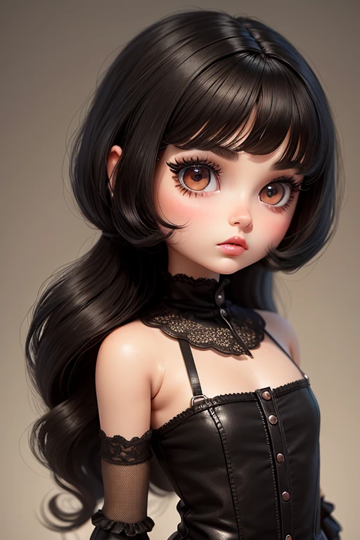 create a blythe doll with black hair short with a micro-bang, very very long eyelashes in the eyes, with skin brown, with slightly thick lips, and a thin nose, the hair is straight and the eyes is brown dark