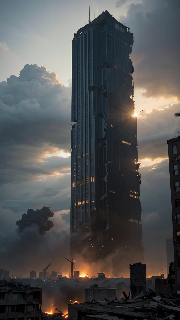 a photo of a city view that is usually bustling with activity, but now looks desolate and in ruins. Tall buildings were seen cracked and collapsed in several parts, with piles of rubble and rubble in the streets. In the sky, scattered clouds of black smoke covered the sun, creating a gloomy and depressing atmosphere."