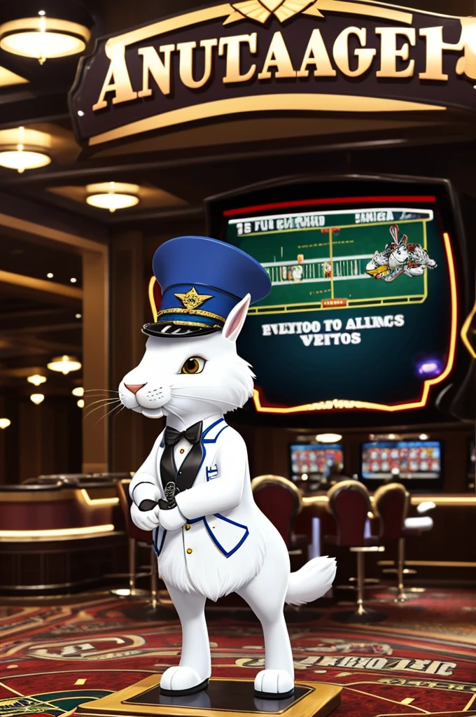 Give me a caricatured 3D cartoon white hare, male animal, standing on two legs. To use as a mascot in a Casino gaming group. With a t-shirt that has text that says "Aviator Academy." also have a black pilot's hat.