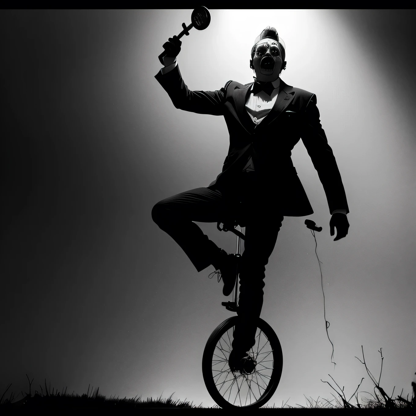 a scary clown, ((riding a unicycle)), ((unicycle)), highly detailed, photorealistic, cinematic lighting, dramatic shadows, surreal, gothic, dark, eerie, unsettling, unnerving, unsettling atmosphere, horror, creepy, frightening, nightmarish, sinister, malevolent, twisted, distorted, disturbingly realistic, uncanny, macabre, haunting, chilling, disturbing, nightmarish, sinister, malevolent, twisted, distorted, disturbingly realistic, uncanny, macabre, haunting, chilling
