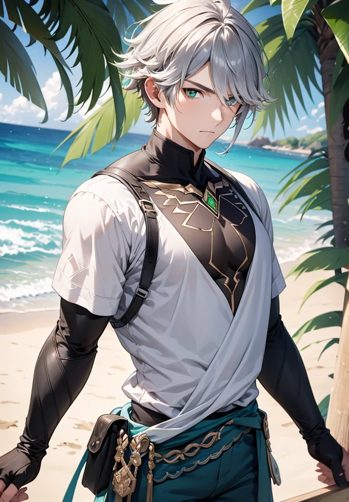 1 child,Alone,male focus,cowboy photo,alhaitham,Grey hair,short hair,Ahoge,green eyes,hair over one eye,shirt,shirt negra,gloves,shirt sin mangas,pants,standing, Pectorals,toned man,looking at the viewer , beach, sand.