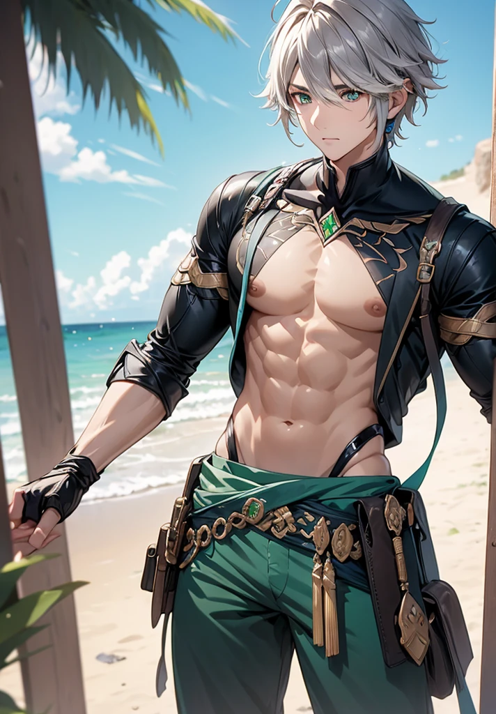 1 child,Alone,male focus,cowboy photo,alhaitham,Grey hair,short hair,Ahoge,green eyes,hair over one eye,shirt,shirt negra,gloves,shirt sin mangas,pants,standing, Pectorals,toned man,looking at the viewer , beach, sand.