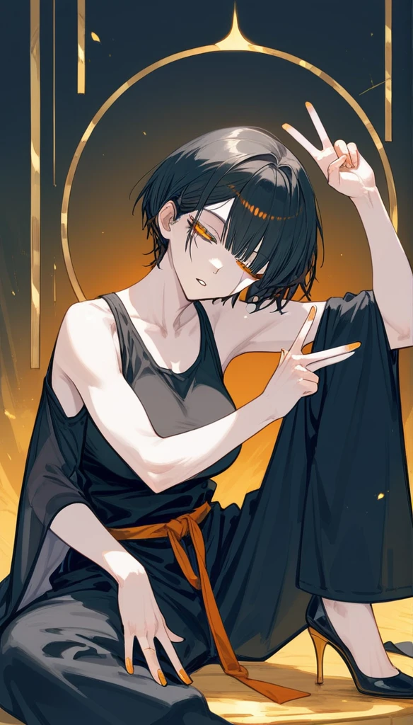 masterpiece, Score_9, Score_8_up, Score_7_up,1 woman, alone, black hair, very short hair, split bangs, gold and orange eyes, half-closed eyes, parted lips, expressionless, pale skin, large breasts, many scars, one scar on one eye, best quality, long open bangs, black sleeveless shirt, black V-neck, baggy pants, high heels