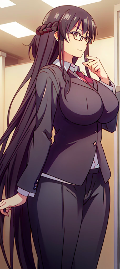 a woman, long black curly hair, glasses, suit, big breasts, in an office, serious expression, standing, curvy