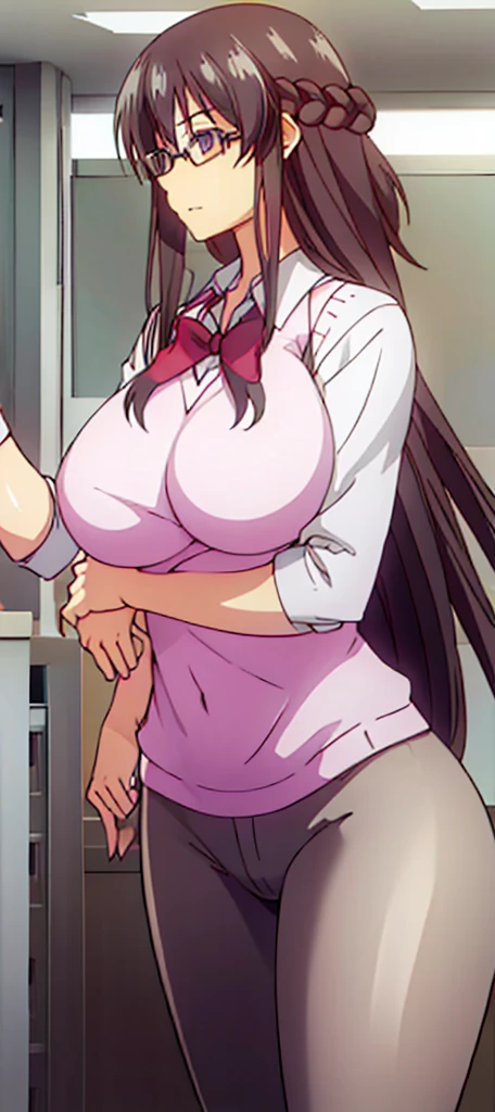 a woman, long black curly hair, glasses, suit, big breasts, in an office, serious expression, standing, curvy
