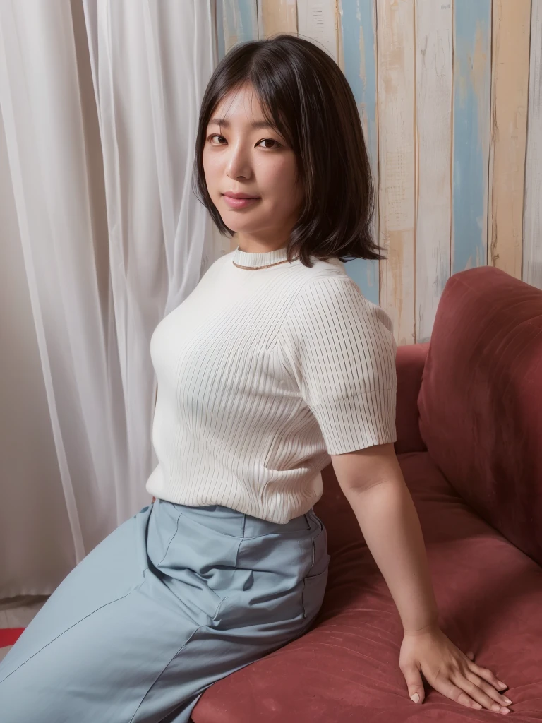 Black Hair,there is a woman sitting on a couch with a white shirt, Chiho, narumi kakinouchi, taken with canon eos 5 d, with short hair, Yoshitomo Nara, taken with canon eos 5 d mark iv, kiyoko suzuki, portrait of a 40 years old women, taken with canon 8 0 d