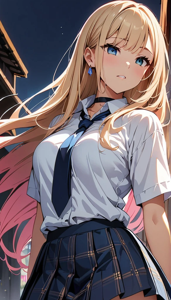 (highest quality:1.2, Anime artwork, Very detailed, High Detail, digital coloring, High Contrast, masterpiece:1.2, highest quality, Best aesthetics), (((kitagawa marin, 1 girl))), Black Hair, Straight long hair, Pink gradient hair, empty eyes, Earrings, White shirt, Black choker, Blue tie, Checked skirt, Pouting, slouch, Are standing, Cowboy Shot, bustling street, lift skirt myself,show me panty
