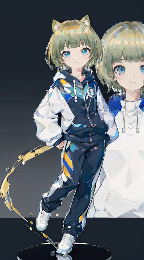 Short Hair、The background is flashy、Social game character portraits、One girl, Like the whole body,Blonde, Shortcuts、Blonde Hair,Navy blue tracksuit、Tracksuit with white lines on the shoulders、Browsing Caution,Cat ears of the same color as the hair,fold,fold,fold