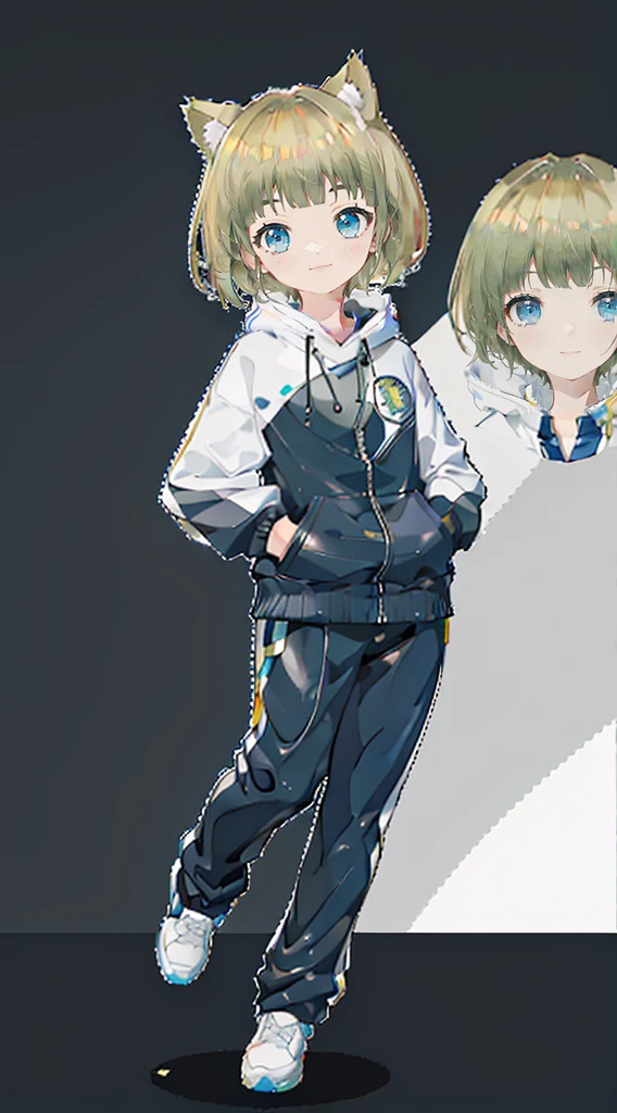 Short Hair、The background is flashy、Social game character portraits、One girl, Like the whole body,Blonde, Shortcuts、Blonde Hair,Navy blue tracksuit、Tracksuit with white lines on the shoulders、Browsing Caution,Cat ears of the same color as the hair,fold,fold,fold