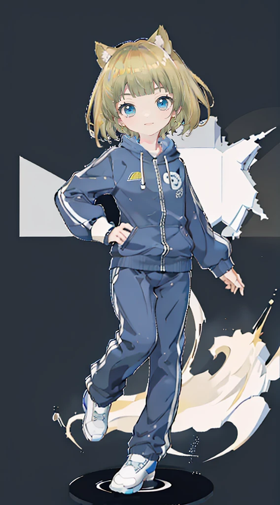 Short Hair、The background is flashy、Social game character portraits、One girl, Like the whole body,Blonde, Shortcuts、Blonde Hair,Navy blue tracksuit、Tracksuit with white lines on the shoulders、Browsing Caution,Cat ears of the same color as the hair,fold,fold,fold