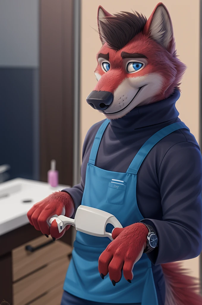 Ivan Fedorovich Wolfbach (Novosibirsk) ,tall handsome, wolf,young, 24 years, brown fur,Kind,(red body:1.3),beautiful blue eyes,Novosibirsk,dressed, turtleneck,apron,jeans,canine, wolf, detailed fur, male,paw pads, finger claws,At the viewer, 5 fingers, paws, 5 fingers, smile, wrist watch, т nextel,by xenoforge, (difficult, high detail, digital photography, soft focus, RAW variety работает парикмахером,Very close to the camera, variety,Novosibirsk, smile, good mood, positive, Very close to the camera, holding scissors, At the hairdresser, stylist doing hairstyle, worth a turtleneck,
Photorealism, realistic, photorealistic, digital style, Subsurface scattering,I look at the viewer,worth getting a haircut, looks at the mirror, men's cosmetics,
masterpiece, Best quality, ultra realistic, 8 thousand.)