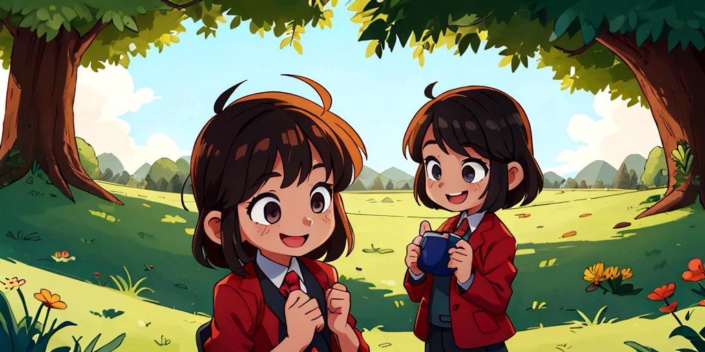 Two 10-year-old boys,Two 10-year-old girls,In nature,smile