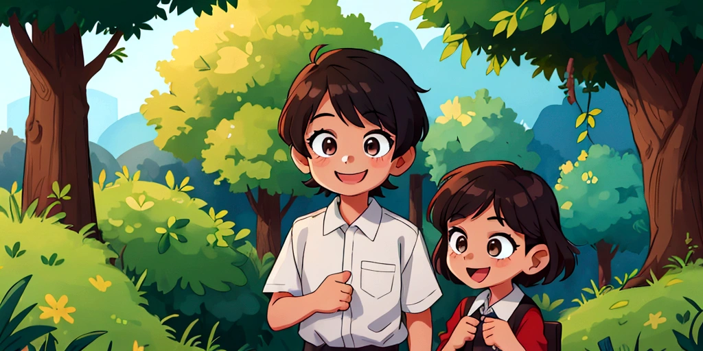 Two 10-year-old boys,Two 10-year-old girls,In nature,smile