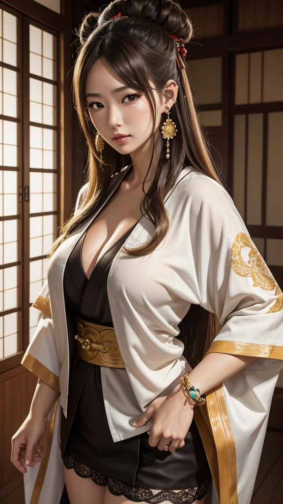 Warlords from ancient Japan's Sengoku period struggle to survive in modern society. They hold friendships and beliefs that transcend time, challenging modern values. 8K , HD, highly detailed, realistic, photography, photo realism, --ar 9:16 -- at 6.0 --s 750,alone, Long Hair, View your viewers, Blonde, Brown eyes, gem, whole body, Realistic, Sexy、Big Breasts 、stockings、clip on earrings,during,bracelet、embarrassed,blouse、kimono