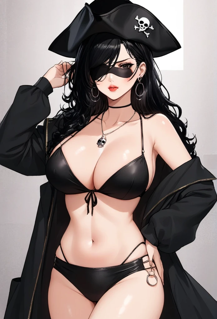 Hot sexy beautiful pirate milf mom ,big long silver hoops earrings,black hair,blush,black eyes, necklace ,wavy blunt hair,hair brochure, lipstick, black tattoo,hunter eyes,eyepatch,pirate cap,pirate accessories,boots,skull tattoo between breasts,