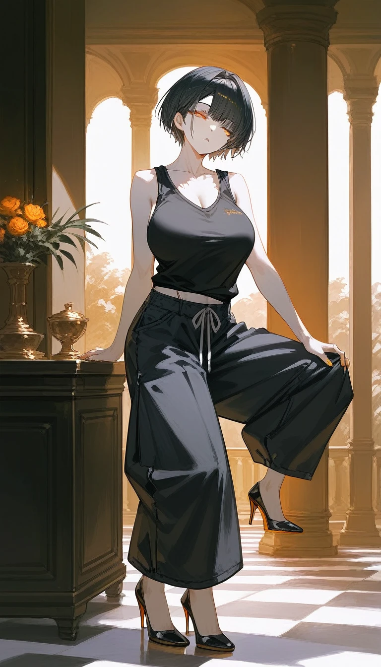 masterpiece, Score_9, Score_8_up, Score_7_up,1 woman, alone, black and light brown hair, very short hair, split bangs, gold and orange eyes, half-closed eyes, parted lips, expressionless, pale skin, large breasts, many scars, one scar on one eye, best quality, long open bangs, black sleeveless shirt, black V-neck, baggy pants, high heels