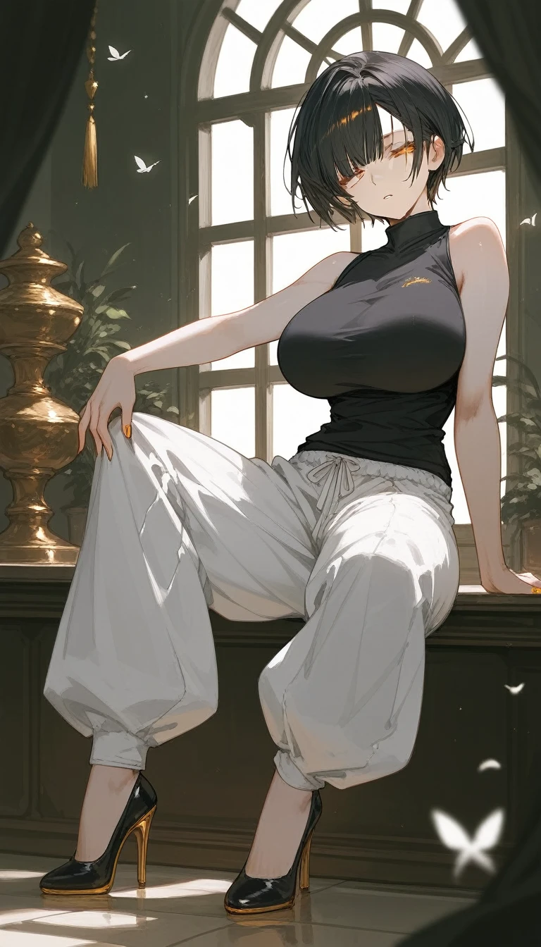 masterpiece, Score_9, Score_8_up, Score_7_up,1 woman, alone, black hair, very short hair, split bangs, gold and orange eyes, half-closed eyes, parted lips, expressionless, pale skin, large breasts, many scars, one scar on one eye, best quality, long open bangs, black sleeveless shirt, black V-neck, baggy pants, high heels
