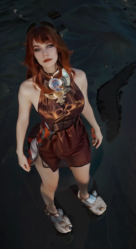 ( High quality , ultra detailed to hand ) ( careful hand ) Zodiac sign- Aries goddess , similar to latin goodness , Brave ,willful ,productive ,enterprising and humanitarian face . Moody, impulsive, impatient, assertive style . sunset reddish hair , transparent dress , in the ocean with sun , whole body , crystal fire eyes ( eye detailed ) . strong powerful make up look . Fire goddess .