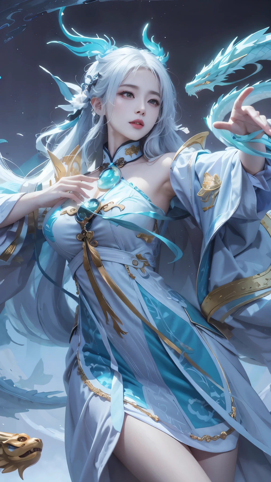 Anime girl in blue dress,There is a dragon on the shoulder, Beautiful celestial mage, Extremely detailed Artgerm, white-haired god, queen of the sea mu yanling, full-body xianxia, flowing magical robe, by Yang J, Artgerm on ArtStation Pixiv, ! Dream Artgerm, Ruan Jia and Artgerm