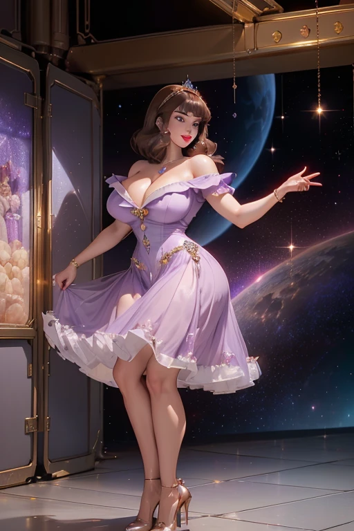 DisneyAurora 27 years old, ((( Selena Gomez:Emma Stone:0.7))) Beautiful woman (((Shoulder-Length Light Brown Hair))) (Bangs:1.2) ((Sparkling jewel-encrusted short-sleeved long lavender dress,With high heels)) Definition, Red lipstick, Smile, hand free, permanent, On the space station overlooking the Earth, (huge_breast:1.4) (Cleavage)(Curvy beauty:1.2)(Chubby:1.2)