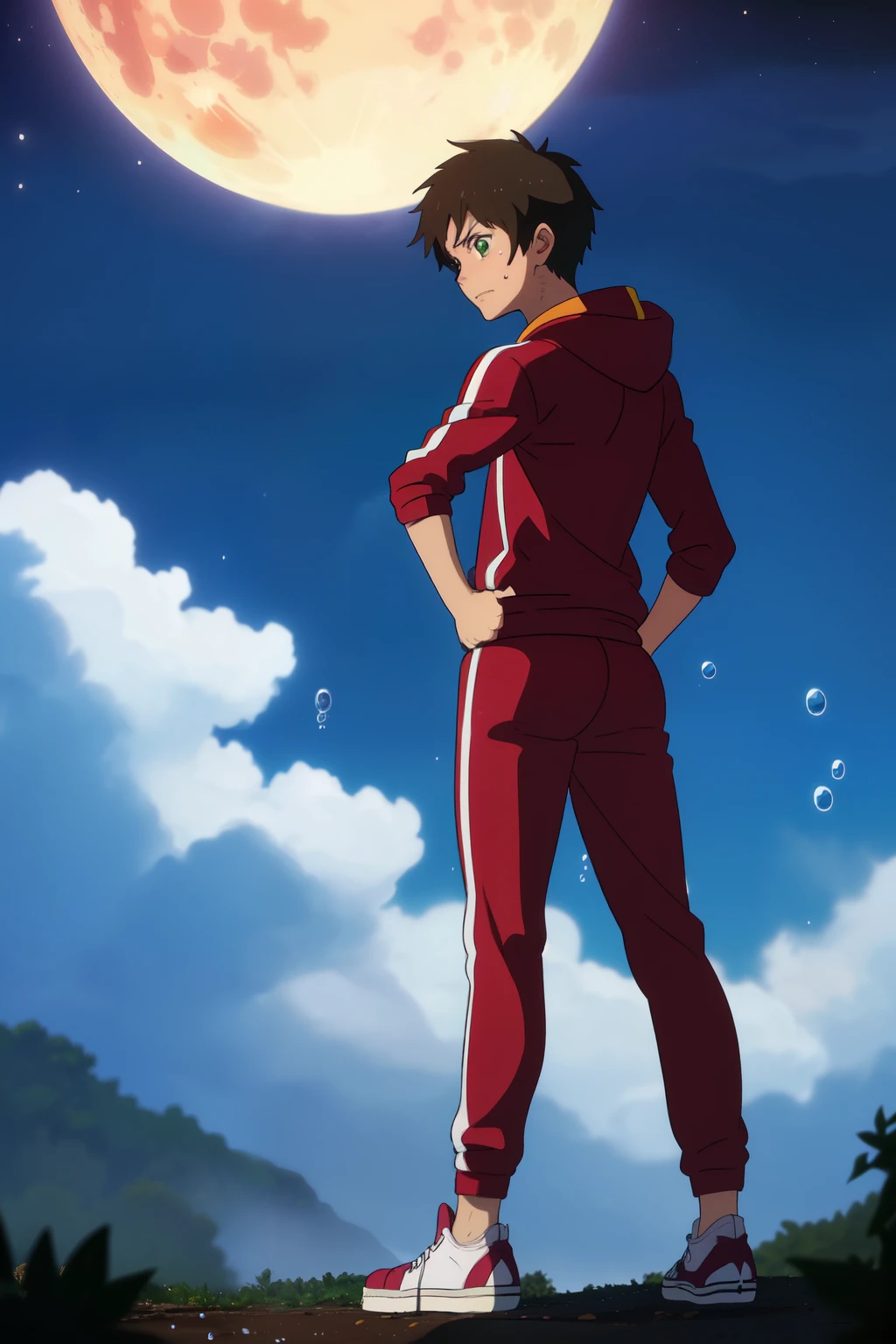 (((Ultra-Detailed, Best Quality, Ultra-Realistic, High Quality))), (((Atsushi Ohkubo Art Style))), (Standing, Bent Forward, Hands On Hips, Hand On Thighs), (Ass View, Back View, Behind View, Booty View, Butt View, Calf Close-Up, Full Body, View From Below Looking Up At The Rear,) (Alone), (Single), (Solo), ((Male)), ((1 Boy)), (Single Boy), ((Young Boy)), ((age Boy)), ((Teen)), ((15 Yearsgh School Boy)), (Tracksuit Boy), ((Slender Body, Skinny Body, Tan Skin Color)), (Petite Butt), (Bubble Butt), (Sexy Butt), ((Short Hair, Messy Hair, Brown Hair)), ((Green Eyes, Almond Shaped Eyes, Anime Eyes)), ((Detailed Face, Blushing)), (He Looks Concerned At What's Going On), ((Loose-Fitting Burgundy Tracksuit Sweatpants, Burgundy Hoodie, Black Converse Sneakers)), [Background; (Dark Forest), (Foggy), (Full Moon), (Night Sky), (Scary Ambient Lighting)]