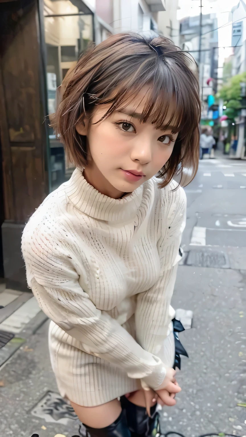 (Walking along Tokyo Street、Standing on a street corner)、(Black tight turtleneck dress:1.4、Tight mini dress:1.3、Bodycon、(Black Stockings:1.2、Wearing pantyhose that reach above the knees)、(the visible part of someone's thighs between their skirt or shorts and their knee-high socks:1.34、Absolute area))、(Realistic、Like a photograph、Live Action、8K, Photorealistic, RAW Photos, Best image quality: 1.4), Single-lens reflex camera、RAW Photos, Highest quality, Realistic, Highly detailed CG Unity 8K wallpaper, Written boundary depth, Cinematic Light, Lens flare, Ray Tracing, Realistic background、((Ultra-dense skin))、 1 female,Cute busty Japanese woman、(Japanese office lady walking down Tokyo street at night)、((whole body:1.5),Look away:1.1、Short Bob Style:1.2、I like that style、Stylish、Very detailed、Pay attention to the details、The perfect outfit、(White skin)、Beautiful legs:1.1,View from below、Accurate hands、Accurate legs、Detailed hand and fingers、Anatomically correct body