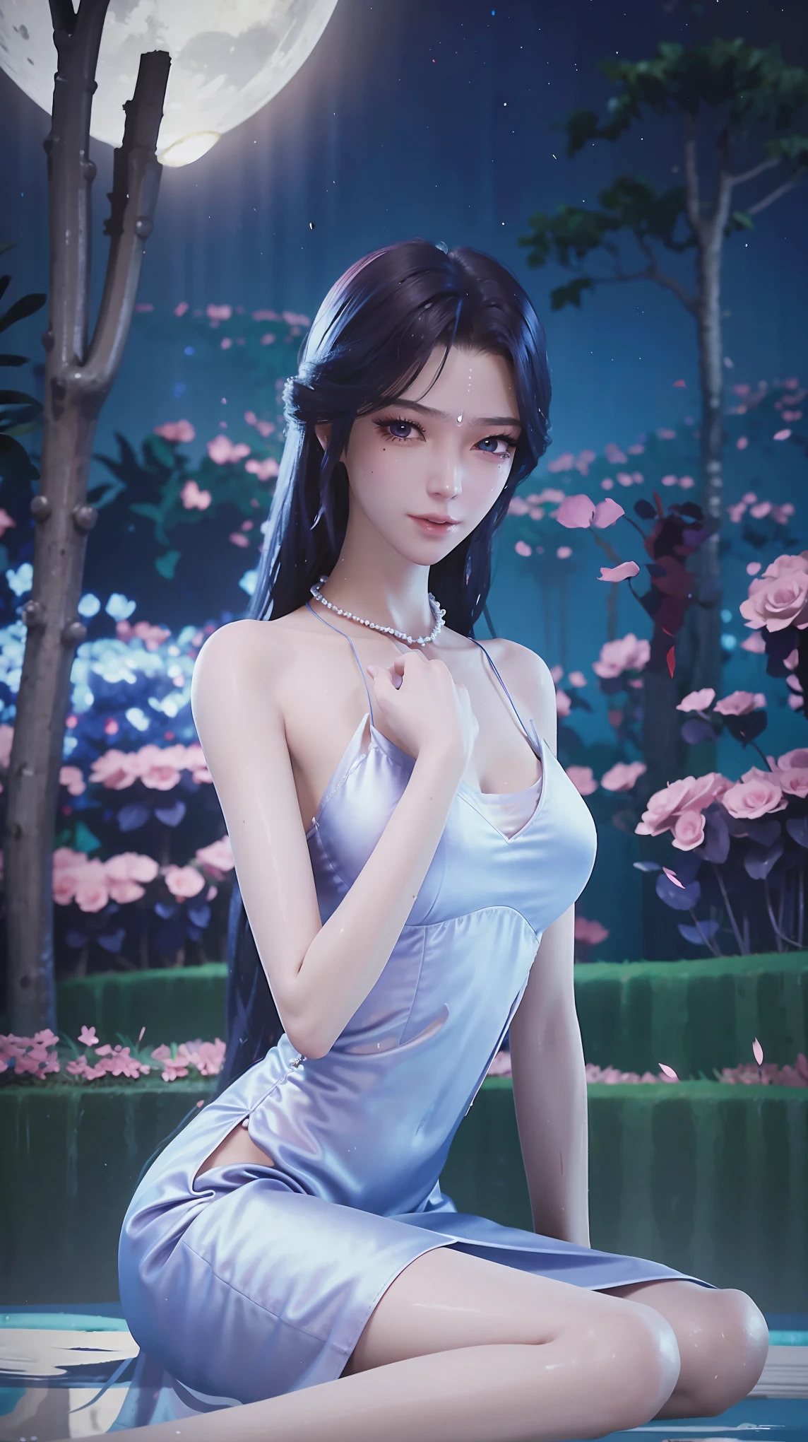 cheongsam,((whole body)), ((Sitting)), ((The hem is long, Sexy long legs)), ((Bare shoulders)),model, Young beautiful girl, Striking an elegant pose, Charming pose, Heat and cold, Beautiful and delicate eyes, Full breasts, slim body, Features, masterpiece, best quality, official art, Rich details, Clear face, Professional lighting, Physically based rendering, Necklace, Light makeup，Starry sky background，Sitting on the stars，Wet all over，Water Magic，Wet