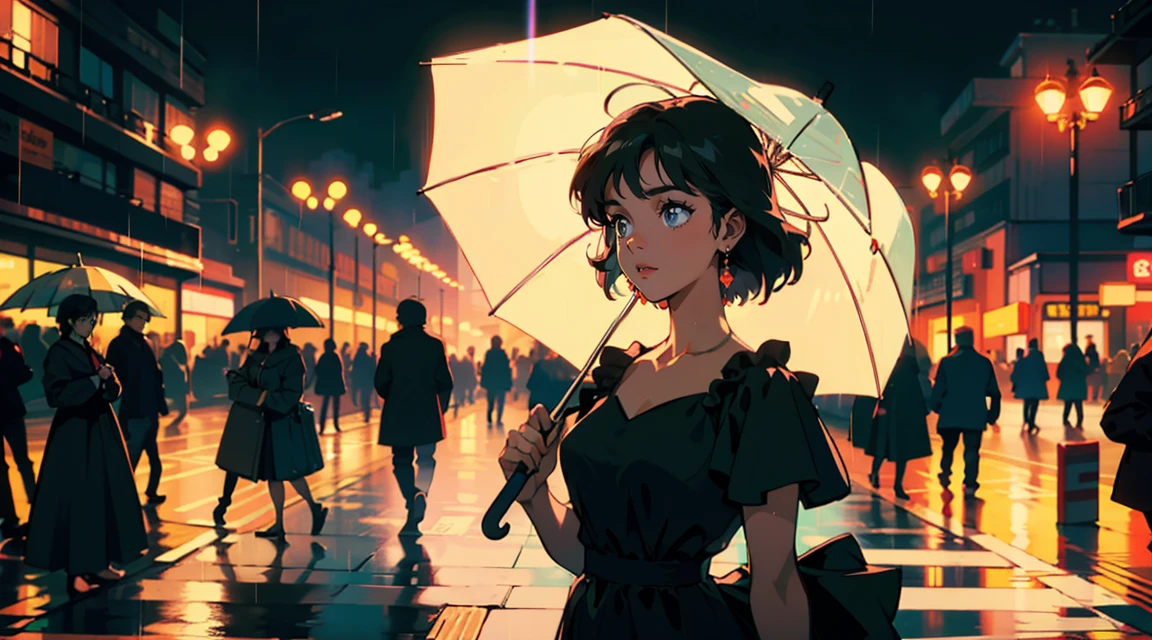Rainy street lamp、A woman holding an umbrella、, London, Asian Woman, , Perfect Face, Looking Away, (Backlight: 1.1), A scene from a movie, Soft Shadows, masterpiece, Highest quality, Complex, Model shooting style, Vintage, Film Grain, Wide shot wet hair、Black Dress、Neon Light