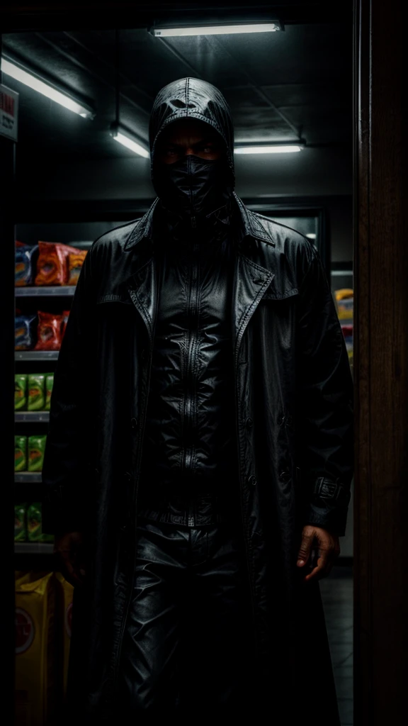 a mysterious person in a black trenchcoat, convenience store, confused store clerk, high quality, photorealistic, cinematic lighting, dramatic composition, moody atmosphere, chiaroscuro, muted colors, hyper-detailed, masterpiece