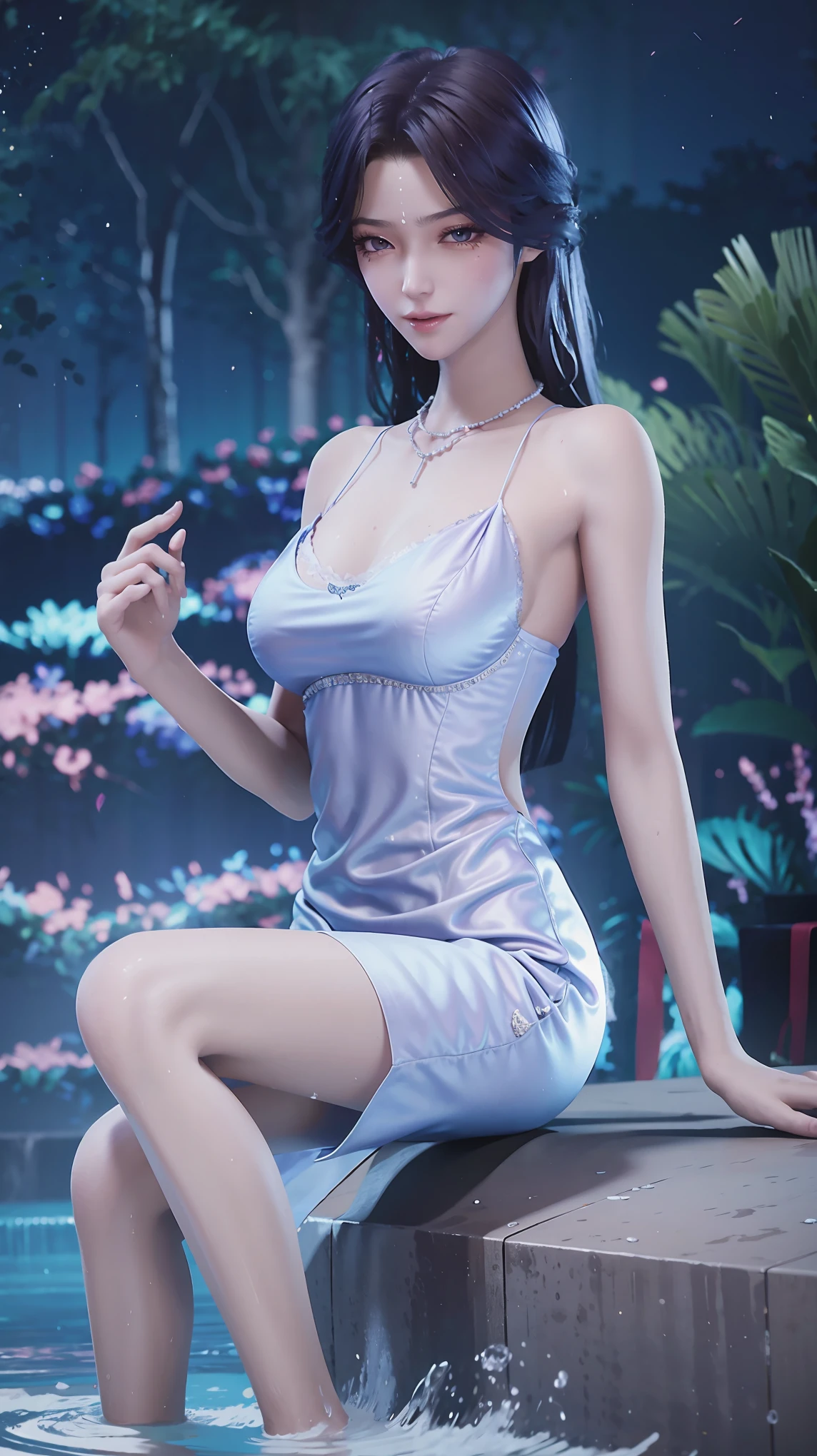 cheongsam,((whole body)), ((Sitting)), ((The hem is long, Sexy long legs)), ((Bare shoulders)),model, Young beautiful girl, Striking an elegant pose, Charming pose, Heat and cold, Beautiful and delicate eyes, Full breasts, slim body, Features, masterpiece, best quality, official art, Rich details, Clear face, Professional lighting, Physically based rendering, Necklace, Light makeup，Starry sky background，Sitting on the stars，Wet all over，Water Magic，Wet