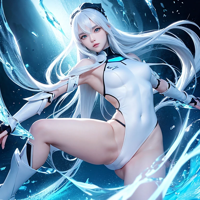 Korean girl, white long hair with bangs, icy blue eyes, white skin, white skimpy ninja suit, video game style, mortal kombat style