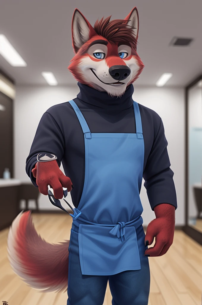 Ivan Fedorovich Wolfbach (Novosibirsk) ,tall handsome, wolf,young, 24 years, brown fur,Kind,(red body:1.3),beautiful blue eyes,Novosibirsk,dressed, turtleneck,apron,jeans,canine, wolf, detailed fur, male,paw pads, finger claws,At the viewer, 5 fingers, paws, 5 fingers, smile, wrist watch, т nextel,by xenoforge, (difficult, high detail, digital photography, soft focus, RAW variety работает парикмахером,Very close to the camera, variety,Novosibirsk, smile, good mood, positive, Very close to the camera, holding scissors, At the hairdresser, stylist doing hairstyle, worth a turtleneck, 
Photorealism, realistic, photorealistic, digital style, Subsurface scattering,I look at the viewer,worth getting a haircut, looks at the mirror, men&#39;s cosmetics,
masterpiece, Best quality, ultra realistic, 8 thousand.)