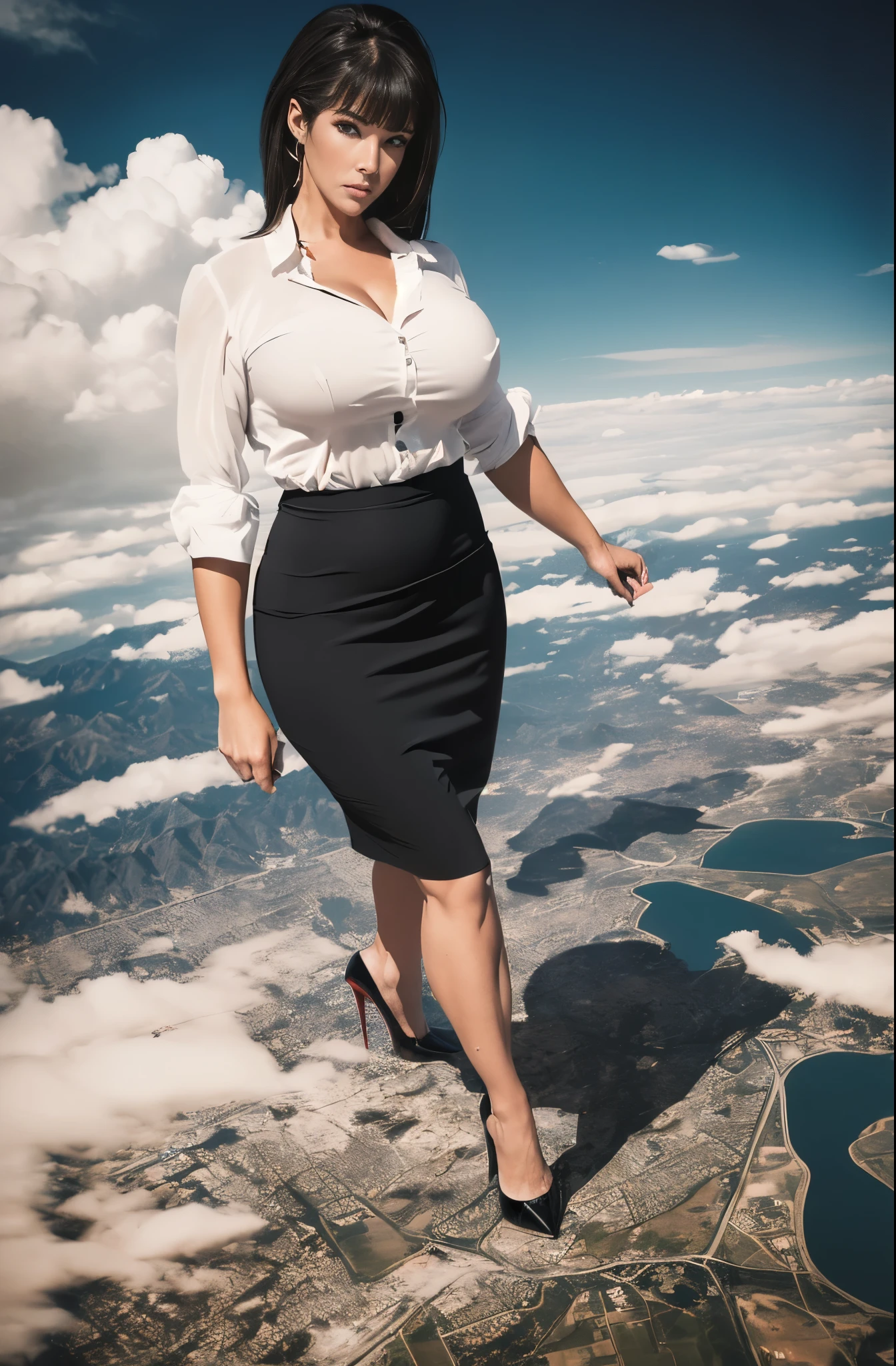 Kristy Swanson, (masterpiece, best quality, best shadows, best shading, perfect hands, perfect face, cinematic lighting, colorful, ultra-detailed, beautiful photography, character focus, extremely-detailed, photorealistic, hyper photorealism, atmospheric), (rural destruction:1.2), (giantess, stereotypical office worker), (dirty, filthy, unwashed, sweaty, unkempt, angry, tired, exhausted, annoyed), (walking, mid stride, stepping down on, stomping, crush, rampage), (black patent Louboutin pointed toe pumps, high heels, stiletto heels), ((revealing crisp white blouse, short black pencil skirt)), ((long straight hair with front bangs)), (high altitude photography, satellite view), (busty, curvy, exposed cleavage, heaving bosom, legs), (urban sprawl, farmland and small towns, destruction, buildings, roads), (cloudy, overcast, clouds and atmosphere partly obscuring the subject, hazy atmosphere, haze in foreground, wispy clouds)