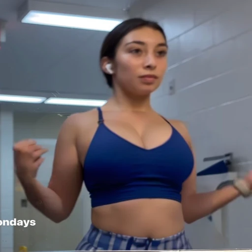 there is a woman in a blue top is standing in a bathroom, violet myers, showing off biceps, chun li at the gym, working out, centered shoulders up view, flexing, crop shirt and strong abs, fit girl, her face flushing and sweat, shoulders up, bursting with muscles, posing and flexing, muscles, shoulders can be seen, Big tits, huge tits, no clothes, sexy, cute, wide hips, thick thighs, pear-shaped body, minimal clothes, thick, bbw, chubby stomach, thick nipples, nipple piercings, large areola, hard nipples, piercing through shirt, nipples hard through shirt, busty, major cleavage, naked, ripping through top, spilling over sides, bra too tight, giant , dominatrix, dominatrix clothes, huge giant , upper body zoom, only wearing bikini, chubby stomach, massive and waist, chubby stomach and underwear