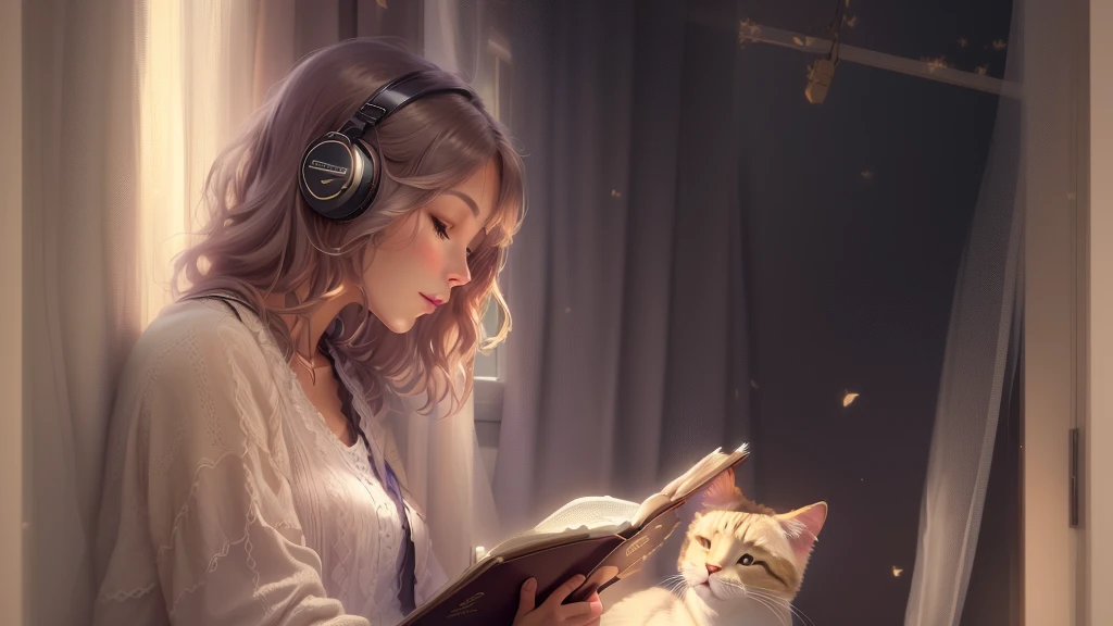 A fifty-year-old girl sitting on bed and reading a book with her cat, praise girl, praise artstyle, Relaxed atmosphere, praise art, praise feel, praise girl aesthetic, praise vibes, praise portrait at a window, praise portrait, praise aesthetic, Anime atmosphere, listening to music at 2 am, relaxed mood, praise