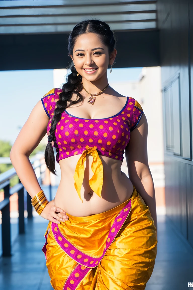 HD wallpaper 32k cinematic shoot of a Beautiful cute girl, with thick thighs and a curvy waist, twin braids,  wearing an Indian blouse top, horny, seductively, in a school corridor, dotted blouse top, smiling, ((long curvy waist)), ((lowwaist)), ((curvy waist))