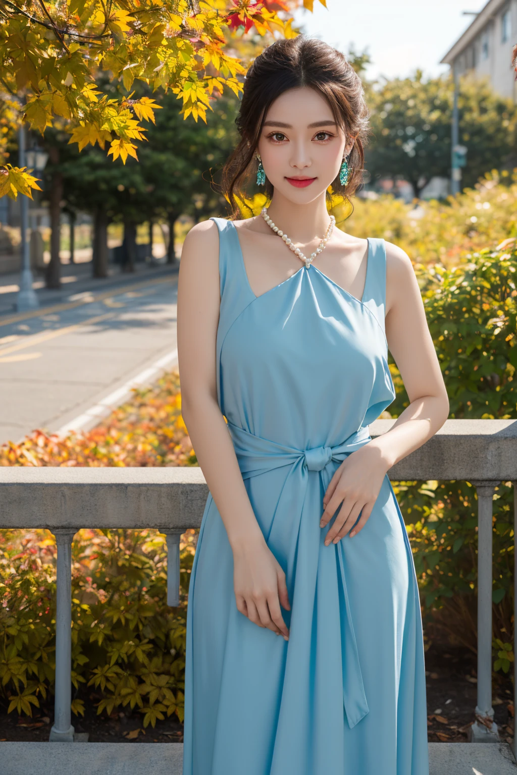 White skin, aqua eyes, (((precise))), (((Very detailed))), A girl, Autumn, Royal Gardens, Maple leaves like fire, Colorful fallen leaves。, Handrails, Looking into the distance。, The eyes are firm and deep, With a confident smile on his lips, Exquisite flag head, Embellished with pearls and precious stones, Wearing a pair of emerald earrings, Wearing light blue flag dress, A white ribbon tied around the waist, There is a white jade pendant hanging on it., (((High Detail))), (((Best quality))), (((16k))), (((masterpiece)))  