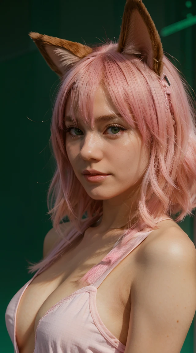 1girl, animal_ears, gradient, gradient_background, green_background, looking_at_viewer, pink_hair, solo by JM