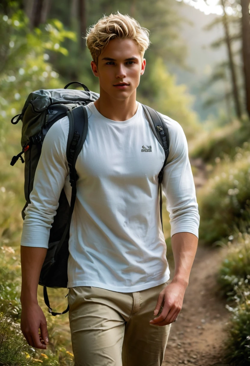 Behold a fashion editorial photo shoot featuring a photogenic and charming bleached blonde hair, 23 years old male supermodel, skinny and lean body, pretty cute and masculine young face, wearing dirty white fit legging pants and hiking backpack, (semi hard bulge), at hiking trail, outdoors, full of wildflower background, stand over the camera perspective, interesting dynamic view from below, amazing composition, HDR, volumetric lighting, ultra quality, elegant, highly detailed, masterpiece, best quality, high resolution, portrait, male focus, solo focus, The photograph is taken with a Canon EOS R camera using an 85mm f/1.8 lens at an f/2.2 aperture, utilizing natural light. Employing three-point lighting and incorporating 3D animation shadows enhances his features and adds depth to the composition. The careful layering and arrangement of his body parts and surrounding objects ensure a flawless composition. This masterpiece celebrates the beauty of the male form and invites viewers to immerse themselves in a world of sophistication and charm. The seductive lighting and intricate details, combined with a dramatic composition, invite viewers to revel in the essence of a fun-filled day, brimming with joy and relaxation. Attention is meticulously paid to the layers and arrangement of his body parts and surrounding objects, ensuring correct body structure and photo distance. The romantic atmosphere, paired with a lively and extremely gorgeous background, enhances the overall allure of this exquisite image.