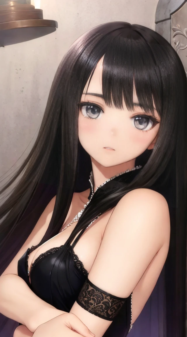 4K,Highest image quality, excellent details,masterpiece,animesque, Ultra-high resolution, The best illustrations, Highly condensed 1girl, Delicate and Pretty Face,A dark-haired,Longhaire,black lace dress(A black,Ren Hao,An elegant),Black Haired Beautiful Girl,age: 19 years old,breasts are small,Inside the palace,Castle background,Princess,full bodyesbian
