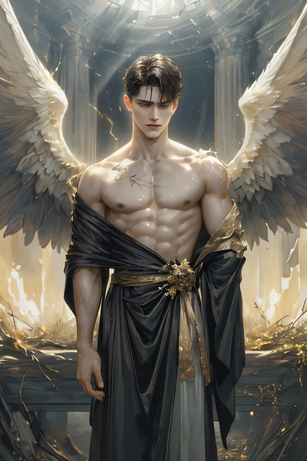 ((absurdres, highres, ultra detailed, perfect face), 1 boy , front view, young boy, "Create a striking, photorealistic digital illustration of a male fallen angel with the following features:
Pale, porcelain-like skin with an ethereal, almost luminescent quality
Chiseled, angular facial features with a strong, masculine jawline
Piercing eyes that convey a mix of sorrow, defiance, and inner turmoil
Long, dark hair that flows dramatically, partially obscuring the face
A prominent, golden scar that runs diagonally across the pale, bare chest
The fallen angel is positioned in a proud, regal stance, with shoulders back and head held high
His hands are not visible, either tucked behind his back, folded in front of him, or obscured by the flowing robes/clothing
The pose should convey a sense of power, resilience, and a fallen nobility, despite the character’s fallen state
The background is dark and atmospheric, with a sense of depth and mystery, highlighting the figure’s isolation and inner conflict
The fallen angel wears tattered, dark-colored robes or clothing that suggests his former celestial status
The fabric should drape and flow dramatically, creating a sense of movement and visual interest
Subtle details, such as intricate embroidery or partially visible wing remnants, may be included to further emphasize the character’s fallen nature, The lighting should be dramatic and moody, with strong contrasts between light and shadow
Carefully applied textures, shading, and highlights should bring the fallen angel’s features and the scar on his chest to life in a photorealistic manner
The overall rendering should be highly detailed, with a focus on capturing the character’s raw emotion and the weight of his fallen state"