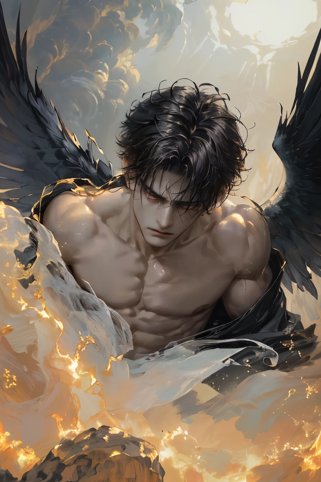 ((absurdres, highres, ultra detailed, perfect face), 1 boy , front view, young boy, "Create a striking, photorealistic digital illustration of a male fallen angel with the following features:
Pale, porcelain-like skin with an ethereal, almost luminescent quality
Chiseled, angular facial features with a strong, masculine jawline
Piercing eyes that convey a mix of sorrow, defiance, and inner turmoil
Long, dark hair that flows dramatically, partially obscuring the face
A prominent, golden scar that runs diagonally across the pale, bare chest
The fallen angel is positioned in a proud, regal stance, with shoulders back and head held high
His hands are not visible, either tucked behind his back, folded in front of him, or obscured by the flowing robes/clothing
The pose should convey a sense of power, resilience, and a fallen nobility, despite the character’s fallen state
The background is dark and atmospheric, with a sense of depth and mystery, highlighting the figure’s isolation and inner conflict
The fallen angel wears tattered, dark-colored robes or clothing that suggests his former celestial status
The fabric should drape and flow dramatically, creating a sense of movement and visual interest
Subtle details, such as intricate embroidery or partially visible wing remnants, may be included to further emphasize the character’s fallen nature, The lighting should be dramatic and moody, with strong contrasts between light and shadow
Carefully applied textures, shading, and highlights should bring the fallen angel’s features and the scar on his chest to life in a photorealistic manner
The overall rendering should be highly detailed, with a focus on capturing the character’s raw emotion and the weight of his fallen state"