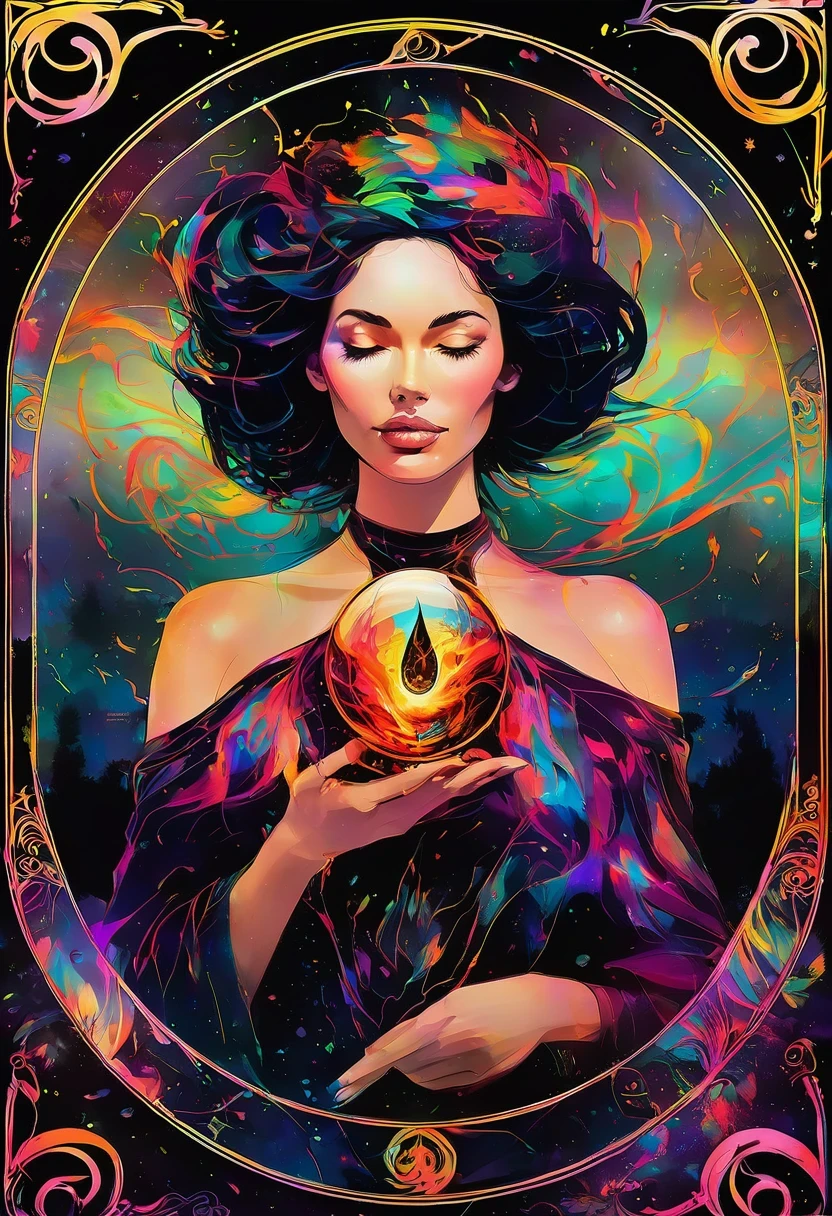 visual art painting of a woman face and shoulders inside a drop of fire, transparent, made of fire, black light, bioluminescent, fluorescent