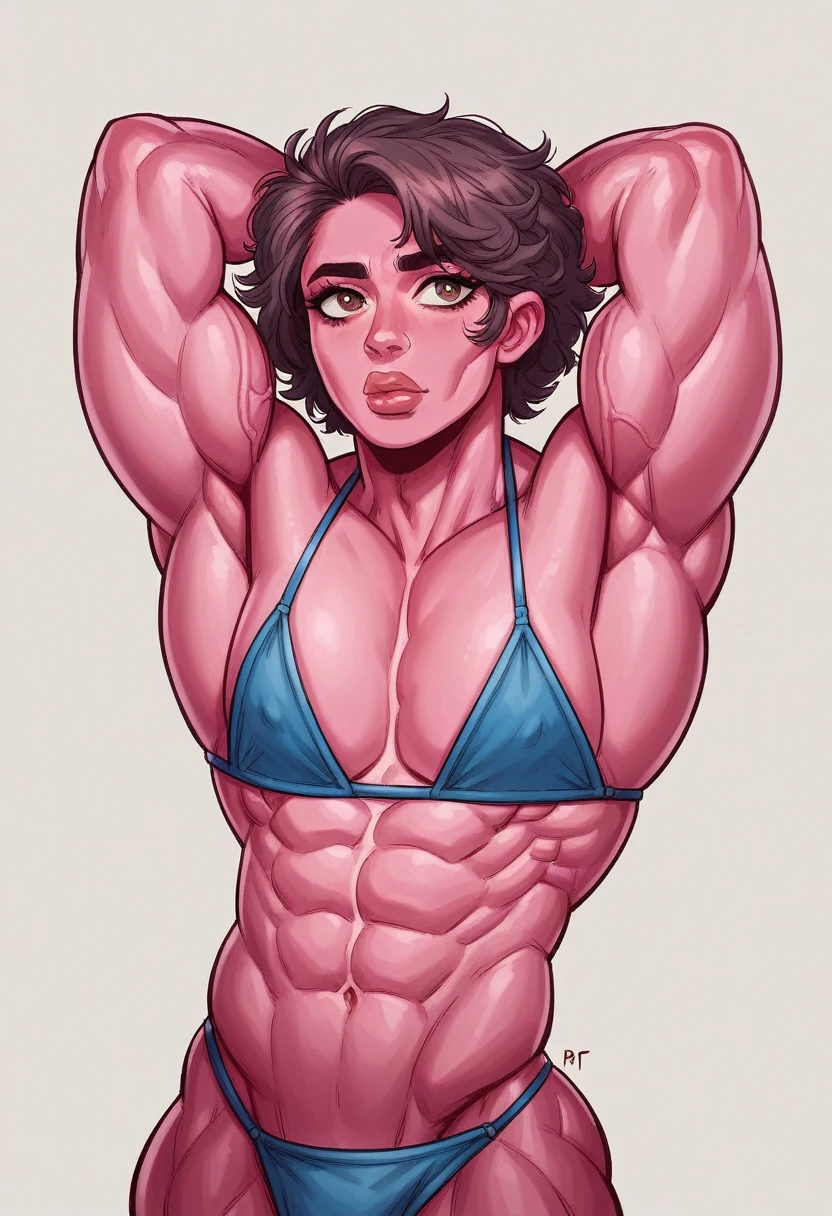 Gal Gadot, Artwork, ((thepit style:1.4)), (pink skin:1.5), muscular body, feminine, huge upper body, broad shoulders , veins, beautiful face, full lips, thin face, high cheekbones, muscular, bikini black, in the artistic style of mohrbacher, in the style of Peter Mohrbacher,